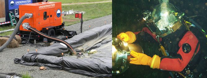Underwater services for water utilities including diver inspection and sediment removal equipment on site from UCC.